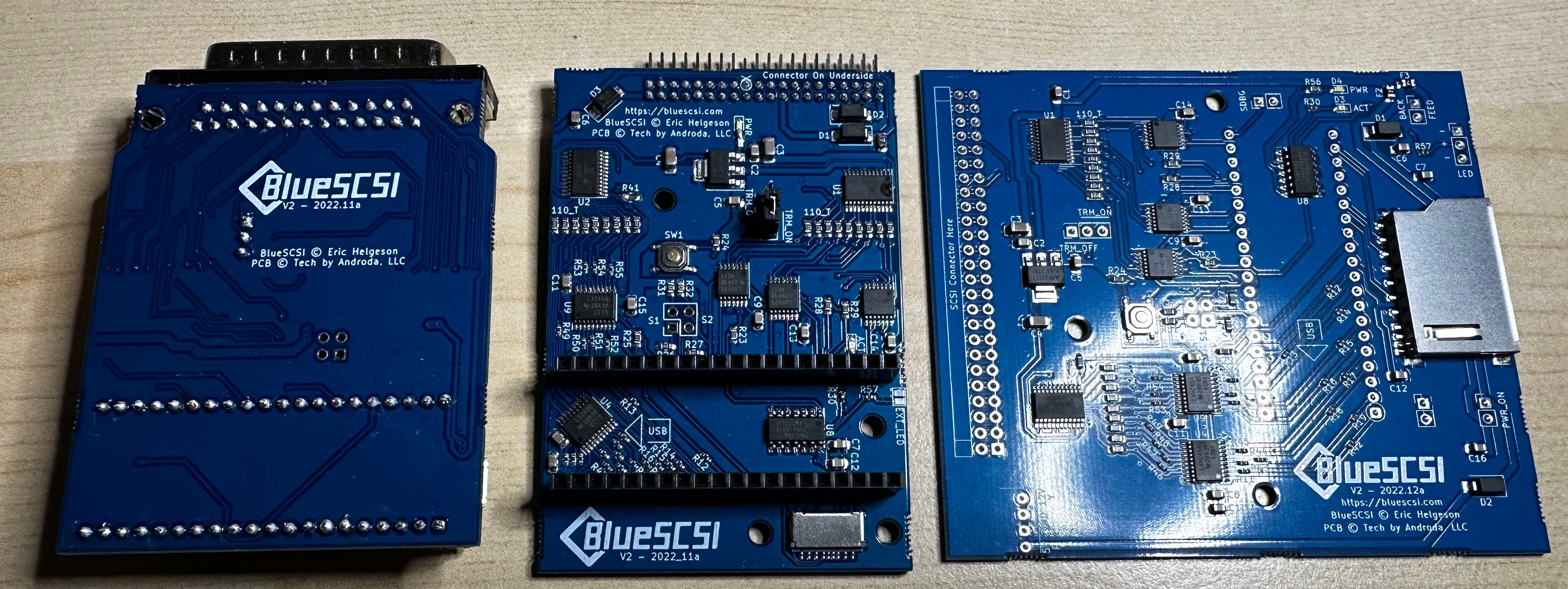 Photo of all three new models of BlueSCSI v2